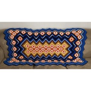 Vtg Bogo Chevron Afghan Handmade Throw Blanket Blue Brown Orange Flowers